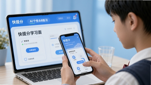 快提分学习界面,展示AI智能诊断与个性化练习功能,背景为清新蓝色调,学生正在使用手机进行学习