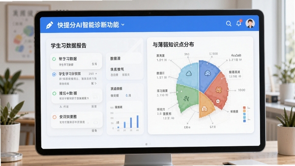 快提分AI智能诊断功能界面,显示学生学习数据报告与薄弱知识点分布图