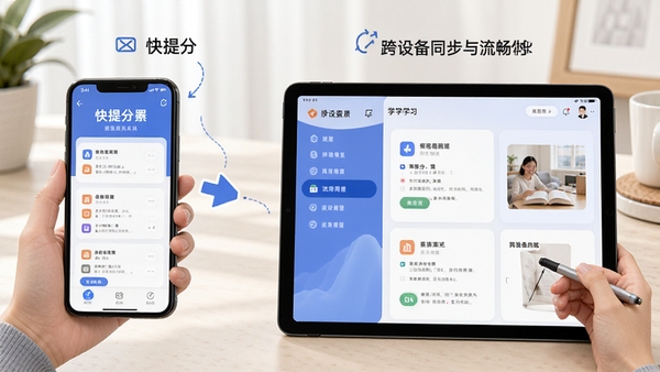 快提分使用场景示意图,展示手机端与平板端学习界面,强调跨设备同步与流畅体验