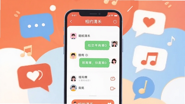 ����һ����ƽ������Ӧ��������ͼ�������������ֻ���Ļ��ʾ��Լ���APP�������붯̬���棬��������ů�ĳȺ�ɫ�͵���ɫΪ��������Ư���ŶԻ����ݡ����ĺ�����ͼ�꣬�����Χ�������죬ͻ���罻�뻶�ֵ����⡣