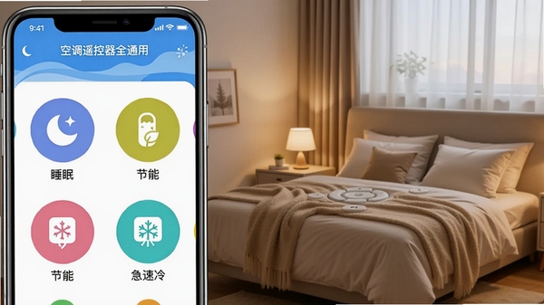 չʾ���յ�ң����ȫͨ�á�APP���ܳ������ܵ��ֻ���ͼ���������С�˯�ߡ��������ܡ����������䡱�Ȳ�ɫԲ��ͼ�꣬���������ʵ����һ�����