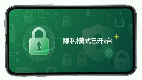 吉祥输入法隐私保护功能示意图,展示加密锁图标和“隐私模式已开启”字样,背景为安全的绿色系。