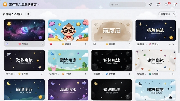 吉祥输入法皮肤商店界面,展示多种风格的主题皮肤,如星空、卡通、简约等,界面色彩丰富。
