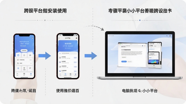 一张示意图,展示在手机与电脑上安装和使用小小平台的步骤,分步指引清晰,背景简洁明了,强调跨设备使用的便捷性。