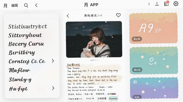 ����APP�༭���棬��ʾ�ḻ������ѡ��˵��Ͳ�ɫ������Ƭ����Ļ����ͼ�Ļ��ŵ�ʾ���ռǣ������������