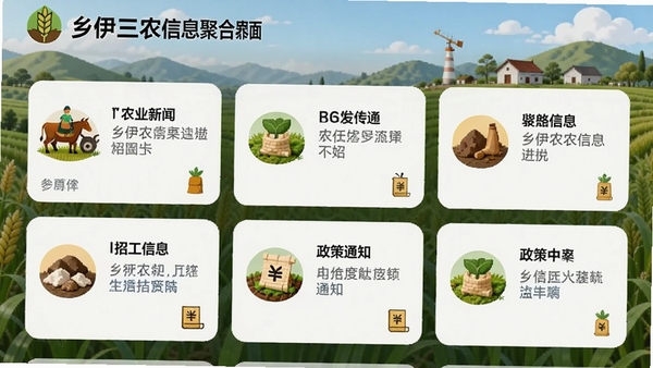 ������ũ��Ϣ�ۺϽ��棬չʾ������������Ϣ��Ƭ������ũҵ���š��й���Ϣ������֪ͨ�ȣ�ͼ����ƾ��������ɫ��