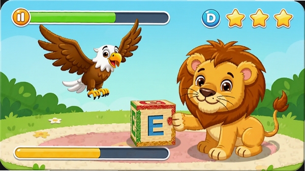 ����ѧӢ��ƴͼ��Ϸ���棬һֻСʨ������ƴ��ĸE�Ļ�ľ��ƴ�ú����eagle��ӥ�Ķ����������н����������ǽ���