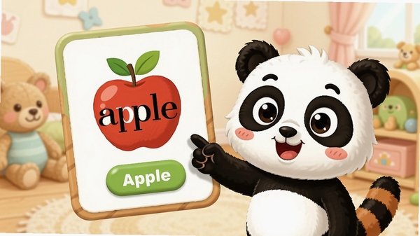 ����ѧӢ�ﵥ�ʿ�Ƭ����������һ����ͨС��èָ��ƻ����Ƭ���Ա���Ӣ�ĵ���apple�ͷ�����ť����������ܰ�Ķ�ͯ��