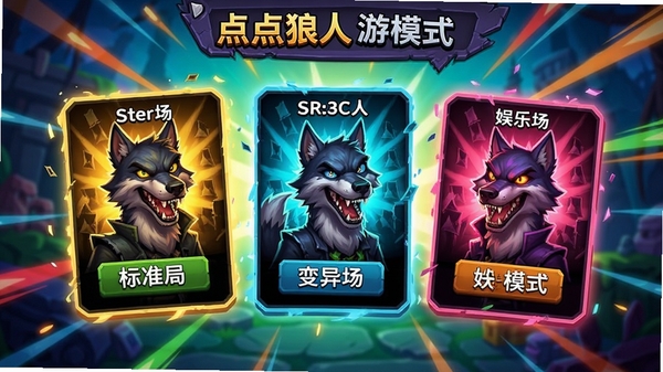 点点狼人游戏模式选择界面,展示标准局、变异场、娱乐场等不同模式卡片,画面动感,色彩丰富