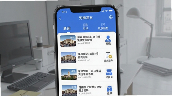 河南发布app界面展示图,蓝色主调,首页包含新闻资讯列表和政务服务入口