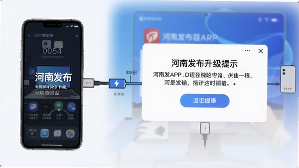 手机连接电脑进行数据传输的示意图,背景为河南发布APP升级提示弹窗
