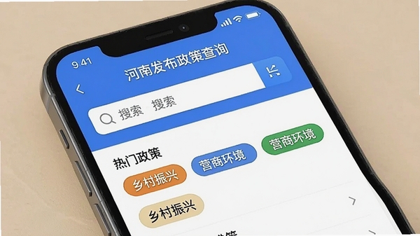 河南发布app政策查询界面,展示搜索框和热门政策标签,如乡村振兴、营商环境