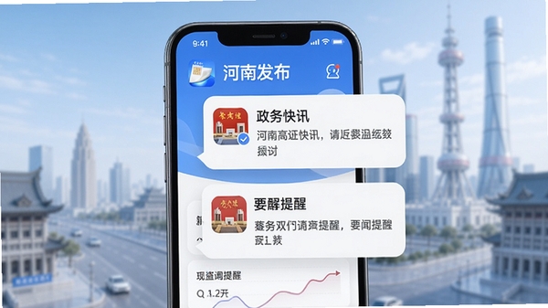 河南发布app新闻推送功能示意图,手机屏幕展示实时弹出的政务快讯和要闻提醒