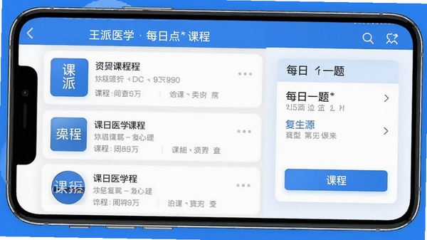 ����ҽѧApp�򿪺���������ͼ��չʾ�γ��б���ÿ��һ��ģ�飬����������࣬����ɫ�Ͱ�ɫΪ��ɫ�������רҵ���ִ������������ֻ���UIԪ�ء�