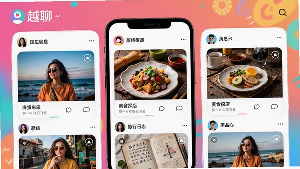 Խ��APP��̬�㳡���ܽ������ͼ��չʾһ��ɫ�ʷḻ���û���Ϣ��ҳ�棬������Ӱ��Ʒ����ʳ̽�ꡢ������־�ȿ�Ƭʽ���ݣ���Ļ�Ϸ���Խ��LOGO�����������ᡢ��Ծ������������Ϣ��
