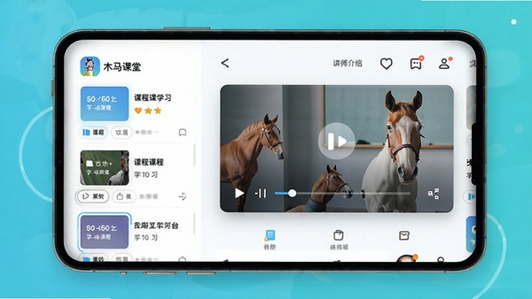 木马课堂app在线学习平台界面展示,包含课程列表、播放页面、讲师介绍等元素,风格现代简约,色彩明亮,突出移动学习场景。