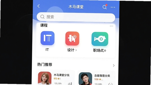 木马课堂app课程分类列表截图风格,展示IT、设计、职场等分类图标,界面整洁,配以搜索框和热门推荐模块。
