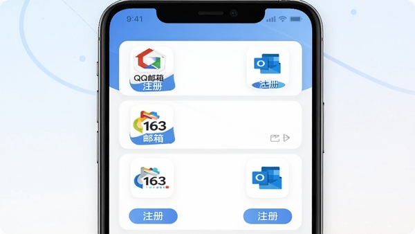 �ֻ���������ע������չʾ�ۺ���QQ���䡢163���䡢Outlook�ȶ�ҷ�����logo���б����棬ÿ��ͼ���·��С�ע�ᡱ��ť��������ÿ�Ƭʽ���֣��������ţ�����UI���ͼ��