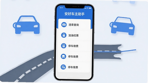 ���ó�������APP����չʾͼ����ƽ����Ʒ����ɫ��Ϊ��ɫ�Ͱ�ɫ���ֻ���Ļ����ʾ���ܲ˵���Υ�²�ѯ�������Żݡ�ͣ���ɷѵȣ�����Ϊ��������ͼ��͵�·Ԫ�أ������Ӿ�Ч��רҵ�������ʺ�Ӧ���̵��ͼ���