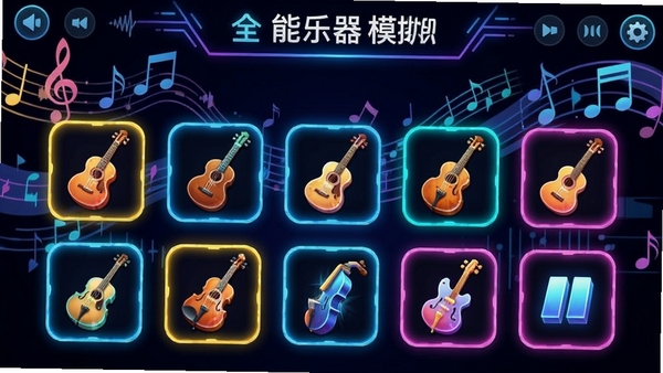 全能乐器模拟游戏界面展示,多种乐器图标排列,背景为音乐元素,色彩明亮,科技感十足
