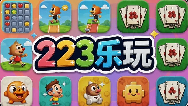 一张色彩鲜艳、充满欢乐氛围的手机游戏平台宣传图,画面中央显示“223乐玩”Logo,背景由各种经典小游戏图标组成,如消除、跑酷、棋牌等,风格明亮活泼,突出休闲娱乐与游戏聚合的概念。