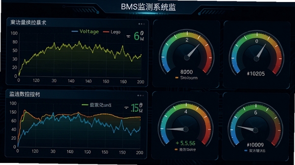 BMS���ϵͳʵʱ���ݼ�ؽ��棬��ʾ������ѹ�������ߣ���ɫ�Ǳ��̣���ɫ�Ƽ����������ݶ�̬ˢ�£�����������Ⱦ