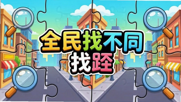 一张色彩鲜艳的手机游戏宣传海报,中央显示游戏名称“全民找不同找茬”,背景是由左右两张几乎相同的卡通城市街景图组成的拼图,其中夹杂着几个放大镜图标,整体风格明亮活泼,突出找茬玩法。
