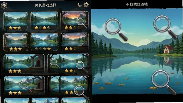 游戏实机截图拼接,左侧显示多排关卡选择界面,每关以缩略图呈现,难度用星星数量标注,右侧则展示一张风景优美的湖景找茬图,图片上悬浮着几个放大镜标记,强调关卡丰富性与画面质感。