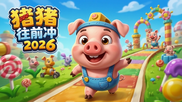 一个色彩鲜艳的游戏宣传图,主角是可爱的卡通小猪,背景是充满糖果和机关的跑道,画面明亮活泼,带有《猪猪往前冲2026》游戏标题LOGO,风格为3D卡通渲染,4K高清,适合应用商店展示