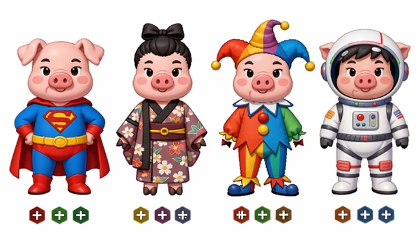 小猪角色展示图,多套不同风格的服装造型一字排开,包括超人服、和服、小丑服、宇航服,每套服饰下方标有属性加成图标,纯色背景,角色立绘风格,适合商城界面