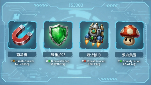 展示游戏道具的图标集合,包括磁铁、绿色护盾、喷气背包、缩小蘑菇,每个道具下方有名称与效果说明,背景为淡蓝色科技感界面,UI设计精致,适合做道具介绍图