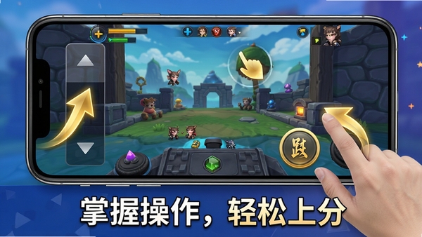 手机横屏游戏操作示意图,标注左右滑动区域与跳跃按钮位置,背景为游戏实际画面,有金色箭头指示手势方向,底部有文字提示“掌握操作,轻松上分”,适合教程配图