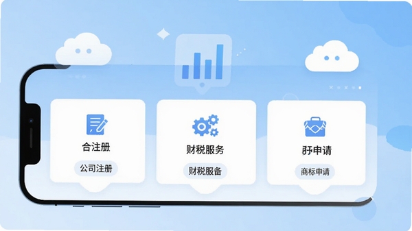 �ϴ���APP����չʾ���ִ���ƽ����Ʒ���ֻ���Ļ��ʾ��˾ע�ᡢ��˰�����̱�����ȹ���ģ�飬����Ϊǳ��ɫ���䣬ͻ��רҵ�������У����������죬���а�ɫ�ƶ������ͼ��Ԫ��