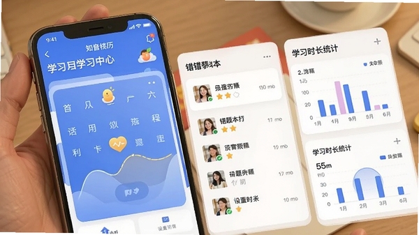 知音楼APP个人学习中心界面,展示学习日历打卡记录、错题本列表以及学习时长统计图表,界面采用卡片式设计,视觉反馈友好。