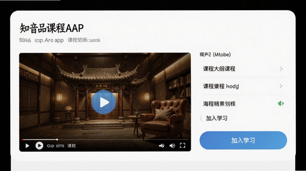 知音楼APP课程详情页界面设计图,展示视频播放区域、课程大纲列表以及“加入学习”按钮,画面风格干净整洁,突出海量精品课程与清晰的学习路径规划功能。