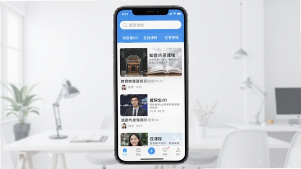 一张展示知音楼APP主界面的高清手机截图,画面包含推荐的在线课程列表、底部导航栏以及顶部搜索框,背景明亮简洁,突出教育学习类软件的专业与活力。