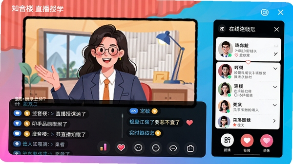 知音楼APP直播授课进行中的场景插画,画面包含讲师视频窗口、实时互动弹幕区和在线连麦列表,色彩明亮活泼,体现直播教学的即时互动性。