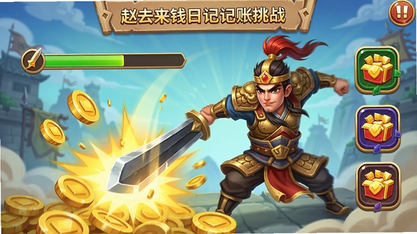 赵云来打钱日记记账挑战界面,武将赵云挥剑击中金币,周围有任务进度条和奖励图标,动画风格