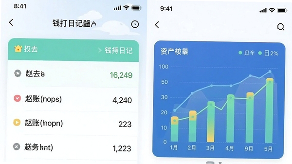 赵云来打钱日记应用界面截图,展示记账列表与资产图表,风格清新简约,色彩明快
