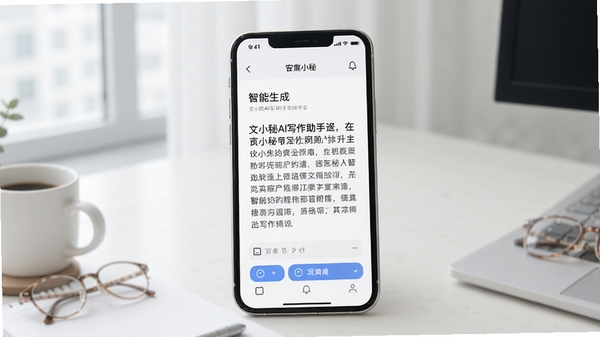 文小秘AI写作助手界面展示,现代简约风格,手机屏幕上有智能生成的文章段落和润色选项