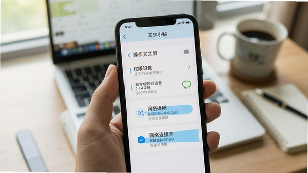 手机操作文小秘的界面,展示权限设置和网络连接提示,背景为使用场景示意图