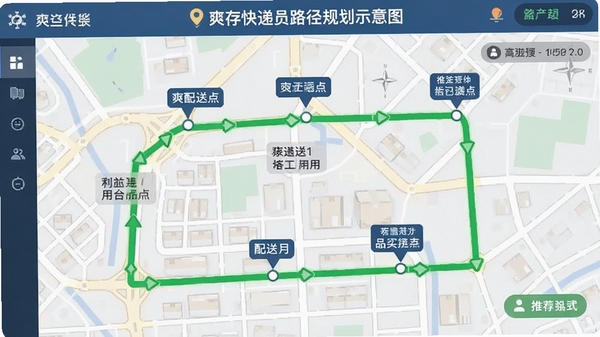 爽存快递员路径规划示意图,地图上标注多个配送点,绿色路线为推荐路径,界面直观易懂