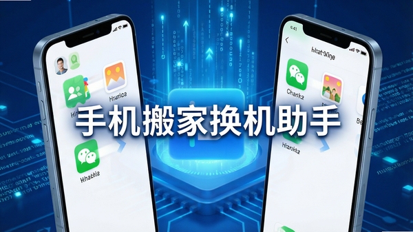 一张展示手机搬家换机助手进行新旧手机数据传输的3D场景图,两部手机屏幕相对,界面显示通讯录、照片、微信数据等图标正在快速传输,背景为科技感的蓝色光效与数据流,整体风格简洁明亮,突出“一键换机、极速传输”的核心功能,画面中央醒目显示软件名称“手机搬家换机助手”。