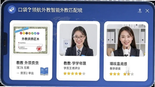 口袋领航外教智能外教匹配功能页面,展示外教资质证书、教学年限、学员评分等详细信息卡片