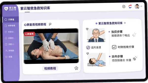 紫云智救急救知识库界面,展示心肺复苏视频教程与图文步骤,界面清晰友好