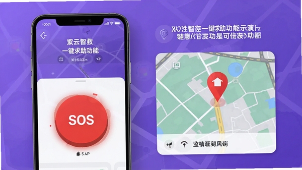 紫云智救一键求助功能演示图,手机屏幕显示SOS按钮与定位地图,色彩醒目,突出紧急感