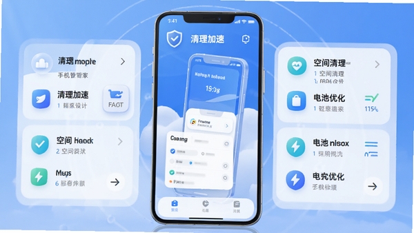 清朗手机管家的主界面功能展示图,展示清理加速、空间清理、电池优化等核心模块的3D渲染风格示意图,整体色调清新蓝白,现代科技感