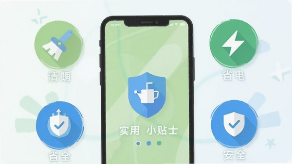 清朗手机管家的实用小贴士宣传图,画面以手机为背景,周围环绕着清理、加速、省电、安全等图标元素,采用扁平化设计,搭配浅绿色与蓝色调,风格简洁明快