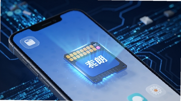 清朗手机管家正在扫描并清理手机垃圾文件的3D概念图,画面中有手机内存卡片被清理干净发光的效果,背景为数据流,蓝色科技色调