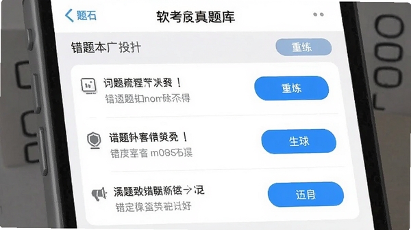软考真题库app错题本功能页面,展示错题列表与重练按钮,设计简洁实用